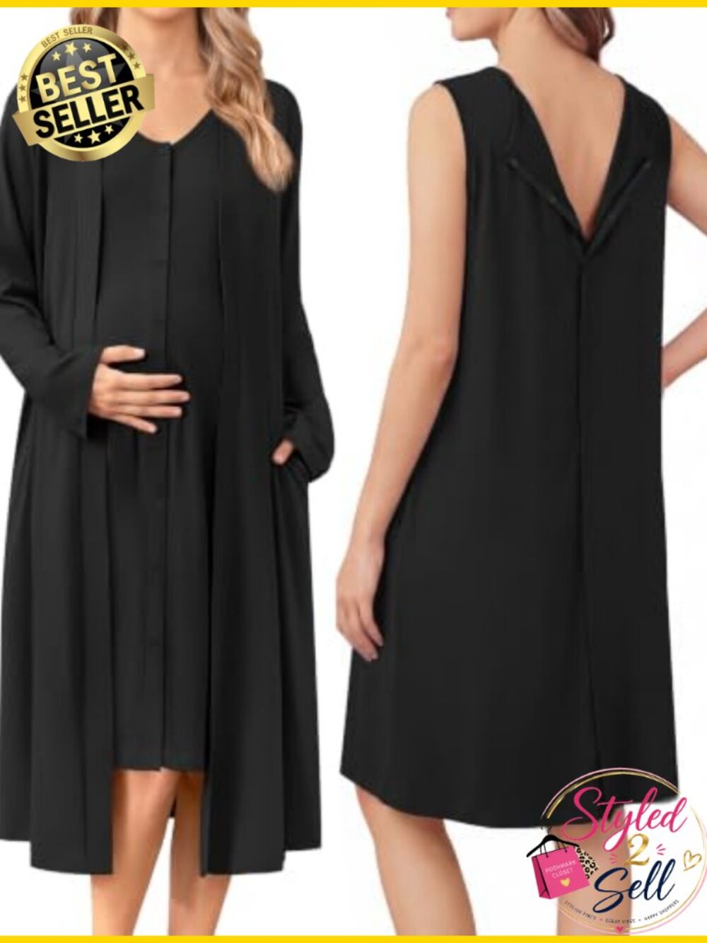 Labor Delivery Nursing Gown Robe Set V-Neck Snap Button Back Maternity Sleepwear